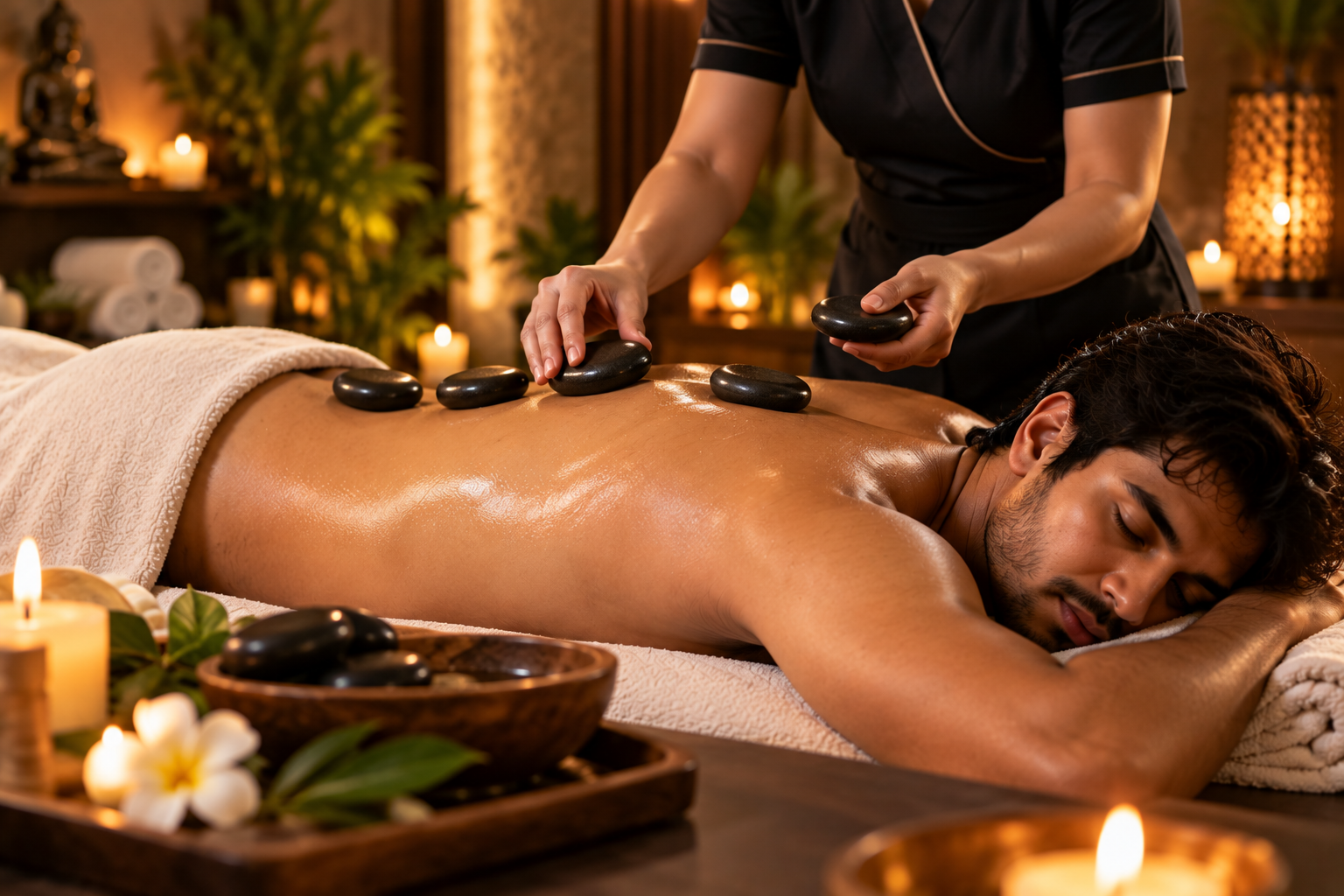 Heated stones used for hot stone therapy session at Infinity Beauty & Spa in Madhapur