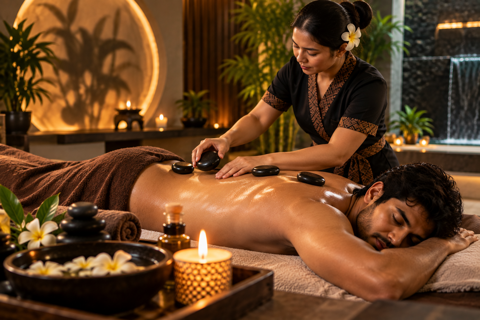 Therapist performing hot stone massage technique at Infinity Beauty & Spa