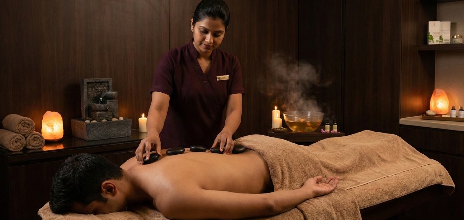 Heated basalt stones used for hot stone massage therapy at Infinity Beauty & Spa in Madhapur